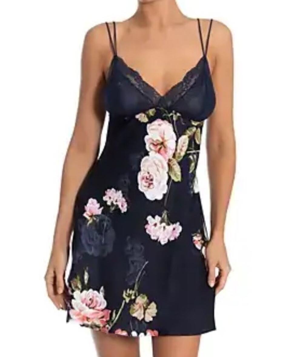 in bloom by jonquil Navy Blue Floral Print Lace Bust Slip Dress Chemise Stretch